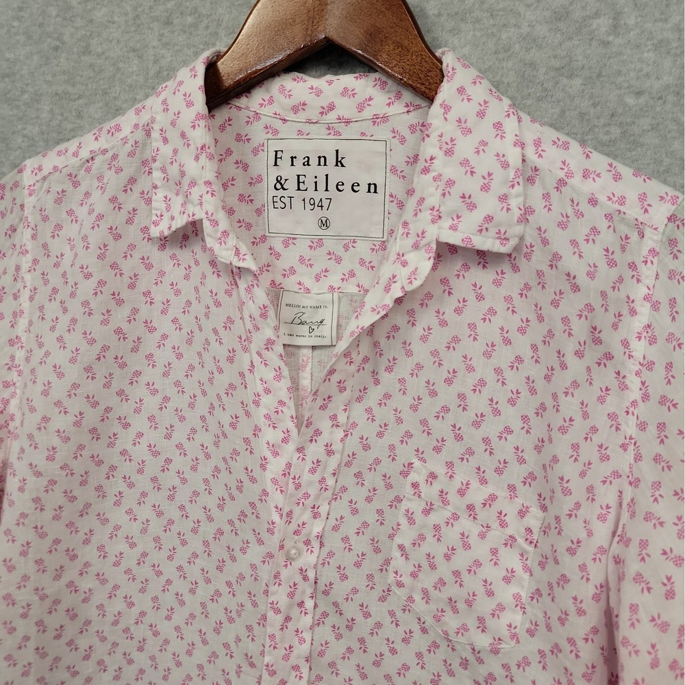 Frank & Eileen Barry Shirt Women's M White Pink Pineapple Print LS Linen V-neck